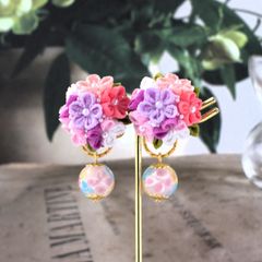 ❁芝桜B＆とんぼ玉和風クリップイヤリング・おとなかわいいつまみ細工アクセサリー❁着物・和装・浴衣・小さなつまみ細工・ハンドメイドアクセサリー