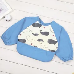 ☆ F（ブルー×クジラ） ☆ S ☆ ベビー食事エプロン ydokisbb ベビー エプロン 長袖 スタイ よだれかけ ビブ 赤ちゃん baby 食事 かわいい ポケット 防水 撥水 袖付き 女の子 男の子 おしゃれ かわいい 面ファスナー