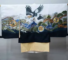 七五三 五歳 男児 羽織・着物・襦袢3点セット 豪華絢爛 綸子地 白地 鷹 お仕立て無料 祝着 NO38808-2-Y