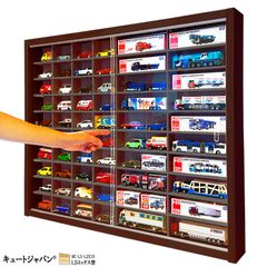 トミカ６０台・ロングトミカ１０台収納 マホガニ色全塗装 アクリル障子付 日本製 ミニカー収納ケース アクリル障子付 トミカ60台・ロングトミカ