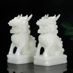 麒麟 置物 オブジェ ホワイト ペア ジェイド 優雅 伝統的 運 金運 健康運 出世運 家庭運 家内安全 インテリア 玄関 リビング 贈り物 プレ魔除け オフィス 飾品 幸運