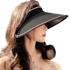 [ReiLuana] サンバイザー レディース つば広 帽子 UV カット 紫外線 通気 折りたたみ 小顔 吸汗 (JP, アルファベット, Free Size, ブラック) [ブラック] [Free Size]