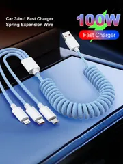 3in1 100W(最大)急速充電 USBデータケーブル スプリング/ストレートラインUSB充電ケーブル 長さ調整可能 ナイロンブレード充電コード、急速マルチ充電ケーブル カラフルTypeC Micro充電ケーブル、100W超高速充電
