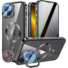 KELLCASE【カメラレンズ保護・スタンド+覗き見防止+MagSafe対応 】iPhone 13 mini 用 ケース 全面保護 隠しスタンド付き ロック付き 両面 マグネット式 アイフォン 13 ミニ カバー ストラップホール付き透明背面 メタルフレー 1