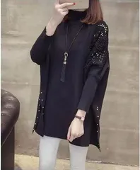 ★ニット セーター 長袖 秋冬 チュニック レディース トップス 大きいサイズ 袖コンシャス レース パフスリーブ