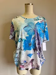 【新品未使用】kikuchi Tシャツ　カットソー　総柄　フラワー柄　ラインストーン　ブルー　シースルー 　洋服　服　レディース　夏服　薄手　ティーシャツ