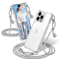 iPhone 14 Pro ケース クリア ショルダー 耐衝撃 iPhone14Pro スマホケース 透明 織りストラップ付き 肩がけ 首掛け 紐付き アイフォン14Pro カバー 縄掛け シングルショルダーロープ 斜めがけ 調節可能なショルダー クロスボ 0