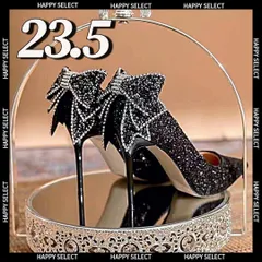 グリッターパンプスリボン黒ハイヒール美脚ドレスパーティーキャバ キラキラ23.5