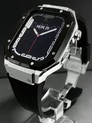 ブラックシルバー　Apple Watch ラバーバンド カバー44mm 45mm メタル ケース アップルウォッチカスタム