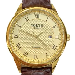 【美品⭐️NORTH 1853】 NORTH SPORT WATCH    N 6019    ファッションカジュアルドレスウォッチ　 ゴールドカラー　 高級仕上げ　 ブラウンレザーベルト　 クォーツ時計　 ユニセックス （AYA）