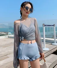 【タグ付新品未使用】[seu23swim008ブルーグレー]  シースルートップス付き3点セット水着 ビーチウェア スイムウェア プール 日焼け対策 韓国ファッション SEU