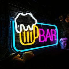 ネオンライト 「BAR」の文字 ビールのイラスト 壁掛け 発光サイン LED 壁装飾 おしゃれ インテリア 照明 バー 屋内 趣味 ネオンサイン USB給電 電源スイッチあり