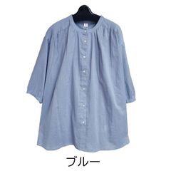 綿100％　ボイル　ギャザーブラウス　【ブルー】5分袖　シャツ　レディース　Lサイズ　送料込み