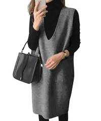 L_ダークグレー [ブランクブラン] ジャンパースカート ワンピース チュニック レディース Vネック 重ね着 ロングベスト 秋 冬 春 体型カバー 無地 膝丈 お尻隠れる きれいめ ファッション 上品 vネック ボリューム 着痩せ 着やせ いえぎ 可愛いドレ
