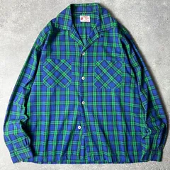 60s GREAT SCOT ブラックウォッチ チェック 長袖 オープンカラー シャツ M / 60年代 ビンテージ ボックス 開襟 コットン
