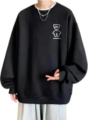 X-cross クロス 裏起毛 トレーナー 白 メンズ 長袖 厚手 大きいサイズ 暖かい オシャレ ビッグシルエット ルームウェア 韓国 ファッション スポーツ アウトドア 秋冬 ゆったり 大きめ クルーネック カジュアル(ブラック,  L)