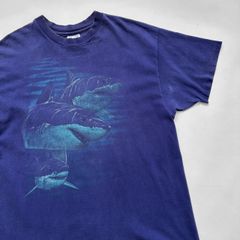 90s 90年代 ヘインズ Hanes アメリカ製 USA製 シングルステッチ アニマル  ホオジロザメ シャーク プリント Tシャツ ネイビー 古着 【UR-0440】