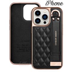 ★iPhone スマホケース キルティング レザーケース アイフォーンケース ブラック 携帯カバー スタンド機能 艶のある レザーバンド  落下衝撃軽減 かわいい デザイン オシャレ 高級感 高品質 メッキ 新品 匿名配送 送料無料