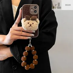 マラードブラウン リボン付き小熊 iPhone 保護ケース 毛糸風素材 ショルダーストラップ 耐衝撃 ソフトケース iPhone16 ProMax/iphone16Pro/iPhone16/iPhone15/14/13/12/11 全機種対応