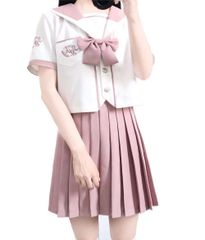 【新着商品】4点セット コスプレ衣装 蝶結び付き 前開き 本格制服 靴下付き 虹色 半袖 (半袖セット セーラー服 桜蘭 M) [CAWILXHA]