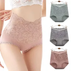 [Quikaboo] 綿 レースハイウエストショーツ 3枚セクシー シームレス スタイルアップ 補正下着 ヒップアップ おなかコントロール パンティ 高通気性と伸縮性 抗菌 パンツ 女性美形 ハイライズ 蒸れない (JP, [ピンク·グリーン·グレー] [M]
