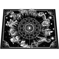 【新着商品】95x73cm ポーチ付 厚手 鑑定 タペストリー 高級 (ブラック） 大判 テーブルマット 12の星座 占い タロットカードポーチ タロットクロス