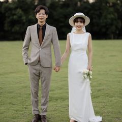 ウェディングドレス ヴィンテージ サテン 気質 背中開き スリム トレイン付き 小柄用 結婚式用