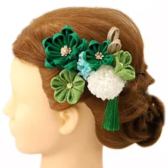 髪飾り 成人式 つまみ細工 振袖 前撮り 袴 浴衣 夏祭り 花火大会 豪華3点セット 緑 渋緑 水色 白 ゴールド ちりめん 房付き ラ No.9-4145