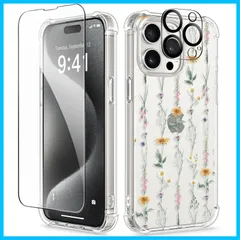 【在庫セール】in 1 iPhone 15 5 Pro Max用 ケース (6.7インチ専用) 2枚フィルム+2枚カメラレンズフィルム付き 360° 全面保護 黄ばみなし指紋防止 可愛い 花柄 透明 GVIEWIN TPU+PC スリム 薄型 米軍MIL規格耐