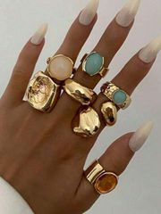 7-Piece Vintage Geometric Jade Inlay Ring Set for Women, Chunky Gold-Tone Metal Rings, Perfect for Everyday Wear, Parties, and Gifts