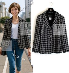 シャネル ジャケット CHANEL ブラック ホワイト 黒白 CC パール ココボタン シルク コットン 春夏 サマー ツイード カール・ラガーフェルド超美品 38 40