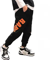 WEARBIE ウェアビースウェット ロングパンツ ロゴプリント ズボン ジュニア ボーイズ キッズ ガールズ リブ付き ウエストゴム コットン スエット ジョガーパンツ 紐付き ポケット テーパード スポーティ スポーツ(ブラック,  130)