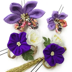 髪飾り 浴衣 成人式 振袖 袴 4点セット 紫 大人 かんざし 簪 卒業式 フォーマル 結婚式 花飾り つまみ細工 リボン ちりめん ブライダル W48 髪飾り 303-259 紫 n712　WSi