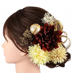 髪飾り 成人式 水引 振袖 前撮り 袴 花 7点セット 赤 臙脂 ワインレッド 黄色 クリーム色 ゴールド 青 水色 カスミソウ 組紐 No.12-0907