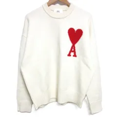 美品 AMI PARIS アミパリス ハートロゴインターシャ オーバーサイズ クルーネックニット セーター S ホワイト メンズ 古着 中古 USED