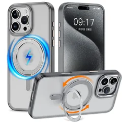 iPhone 16 Pro Max 用 ケース 縦横両対応 リング 【多機能360度回転スタンド】MagSafe対応 ワイヤレス充電対応 半透明マット スマホケース 米軍規格 耐衝撃 カメラレンズ保護 車載ホルダー対応 6.9インチ いphone16pro 0