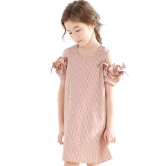 Bee【♪クーポン利用で20％OFF♪】オフショルダーワンピース◇ローズピンク◇子供服 キッズ 女の子 オープンショルダー 半袖 ギンガムチェック ストライプ リボン 90 100 110 120 130 140 150