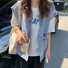 デニムトップス デニムベスト ノースリーブ コート カーディガン お洒落 かっこいい オフィス ビジネス 通勤 通学 大きいサイズ プレゼント レディースファッション 30代 40代 50代 60代 ワンピスター lansen01のサムネイル
