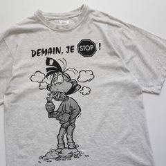 ヘビースモーカー 明日から禁煙するぜ！ キャラクター イラスト Tシャツ プリント XLサイズ ホワイトグレー 古着 【UR-0528】