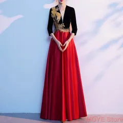 カラードレス 演奏会 赤  ロングドレス  七分袖 Vネック ゴールド刺繍 華やか コンサート 披露宴 パーティードレス 発表会 ウェディングカラードレス 二次会 サテンドレス 結婚式 ステージ衣装 0852