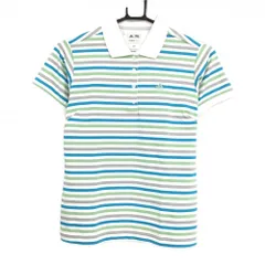 【超美品】アディダス 半袖ポロシャツ 白×ブルー×ライトグリーン ボーダー クリマクール レディース S/P ゴルフウェア adidas