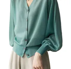 カーディガン レディース 春 秋 長袖 ニット 薄手 トップス 羽織り シンプル グリーングリーンP_1