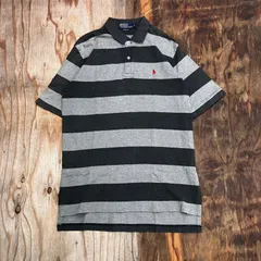 POLO RALPH LAUREN ポロバイ ラルフローレン ボーダー ポロシャツ 半袖 ブラック グレー ポニー メンズ サイズ M 90s VINTAGE 古着 MG319