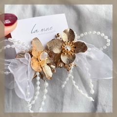 ハンドメイドピアス イヤリング《304ステンレス 24KGP》大ぶり メタルフラワー シフォンレース パールチェーン パール アレルギー対応 ゴールド ホワイト シルバー ブライダル ウェディング