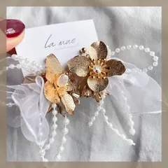 ハンドメイドピアス イヤリング《304ステンレス 24KGP》大ぶり メタルフラワー シフォンレース パールチェーン パール アレルギー対応 ゴールド ホワイト シルバー ブライダル ウェディング