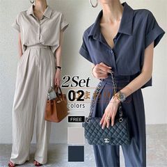 セットアップ レディース 春 夏 カジュアル 夏 半袖 パンツ シャツ ワイドパンツ 上下セット トップス ボトムス リネン風 2点セットアップ