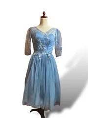 パーティードレス 結婚式　バック 編上げ チュール 刺繍 レースドレス ワンピース 水色 フォーマルドレス S～M サイズ