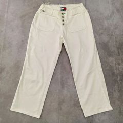 トミージーンズ TOMMY JEANS ロゴボタン 刺繍 ダメージ 古着 ストレッチ パンツ 7分丈 ホワイト ウエストカットオフ