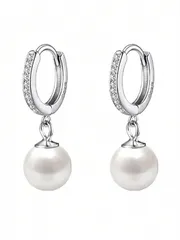 ジュエリー レディース イヤーアクセサリー 1ペア 925スターリングシルバー 模造真珠 & キュービックジルコニア ラウンドフープピアス、ウェディングブライド向け