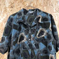 総柄　ヴィンテージシャツ　半袖　肩パッド付　レディース　深緑　f2